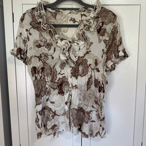 Y2K Ruffle Sheer Blouse Butterfly Print Brown Cream Fairycore Cottagecore Size M